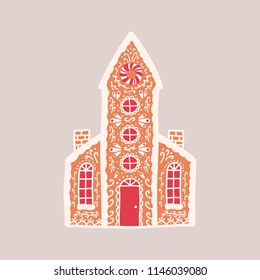 Delicious gingerbread house isolated on light background. Aromatic pastry shaped like living building or church with tower and decorated with sugar icing. Vector illustration in flat cartoon style