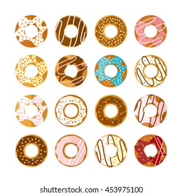 Delicious glazed donuts set on a white background. Illustration in a flat style. Sweet sugar, strawberry, chocolate donuts. For restaurant, cafe menu, holiday and birthday.