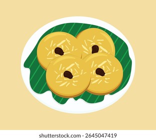Delicious Golden Brown Sweet Treats on Banana Leaf or  Kuih Lumpur labu kuning Indonesian delight Vector Illustration