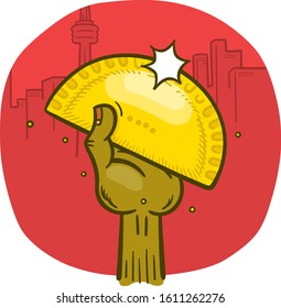A delicious golden patty is raised aloft as a sign of deference to the beloved savoury treat that conquered the world. 