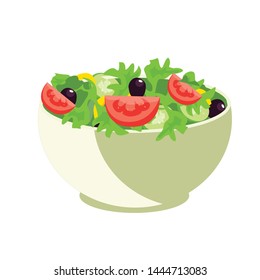 Delicious greek salad flat vector illustration. Tasty vegetarian meal, raw vegetables, dinner appetizer. Organic nutrition, healthy lifestyle, vegan food. Traditional mediterranean cuisine dish