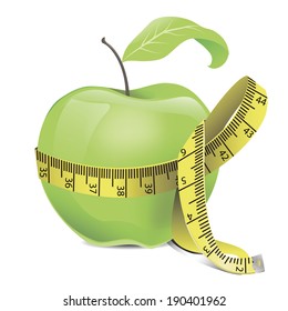 delicious green apple with a leaf, tied with yellow measuring ta
