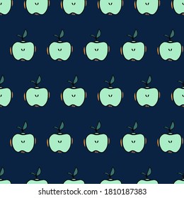 Delicious green apple seamless pattern. Hand drawn abstract apples fruit in doodle style on dark background. Food design for kitchen, apron and tablecloth. Good for fabric and textile.