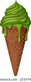 Delicious green ice cream in a waffle cone