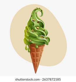 Delicious green pistachio ice cream swirl in a waffle cone. Topped with chopped nuts and dripping sauce. Bright and tasty dessert illustration. Perfect for summer designs and food packaging.