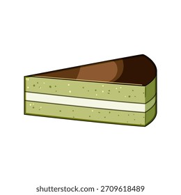 Deliciosa rebanada de pastel matcha de té verde con cobertura de chocolate y relleno blanco cremoso, que representa la indulgencia dulce y la confitería de inspiración asiática