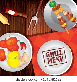 delicious grill menu and dishes with food in background wooden vector illustration design
