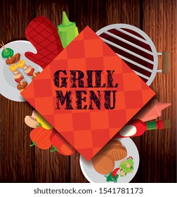 delicious grill menu with icons in background wooden vector illustration design