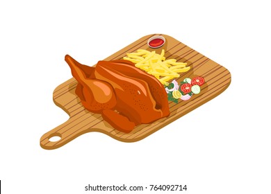 Delicious grilled chicken with french fries and salad with onion, cucumber, tomato and chili. Vector illustration