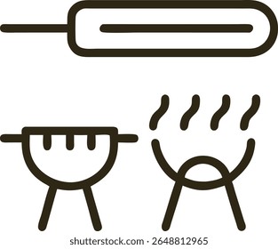 Delicious Grilled Food Icons, Barbecue Grill, Skewer, and Flames Illustration