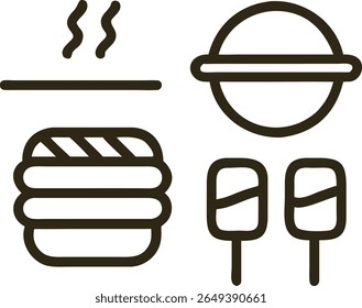 Delicious Grilled Food Icons: Burger, Marshmallows, and Grill Pan for Summer BBQ Design