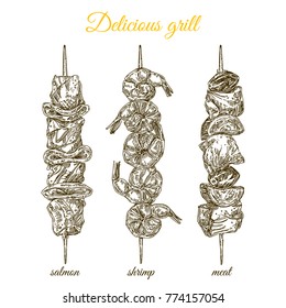 Delicious grilled food on a skewer. Set. Salmon, shrimp and meat. Engraving style. Vector illustration.