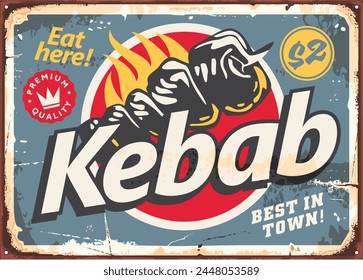 Delicioso kebab asado. Cartel publicitario del restaurante. Ilustración vectorial de alimentos.