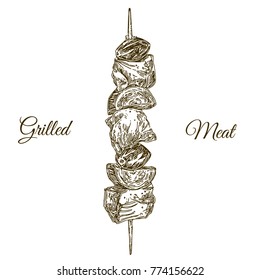 Delicious grilled meat on a skewer. Engraving style. Vector illustration.