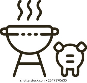Delicious Grilled Pig Icon: BBQ Grill with Smoking Meat for Summer Cookout Design