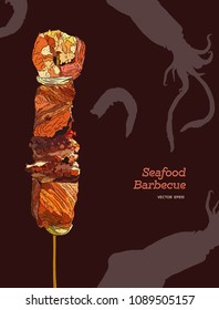 Delicious grilled seafood on a skewer. shrimp , squid , salmon, onion and pepper . Engraving style. Vector illustration.