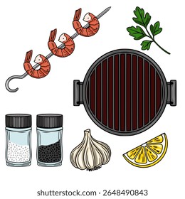 Delicioso Grilled Shrimp Vetor Illustration: Um gráfico vetorial vibrante que retrata espetinhos de camarão grelhados, uma grelha redonda, alho, cunha de limão, salsa e salsa, e saleiro e pimenteiro, perfeito para culina...