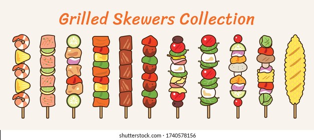 Delicious grilled skewers menu collection: Barbecue stick meat and vegetable icon vector illustration flat design drawing.