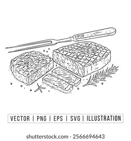 Delicious Grilled Steak Illustration with Cutlery and Herbs - Vector Art for Culinary Enthusiasts