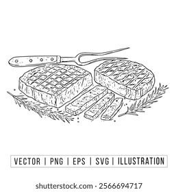 Delicious Grilled Steak Illustration with Cutlery and Herbs - Vector Art for Culinary Enthusiasts