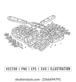 Delicious Grilled Steak Illustration with Cutlery and Herbs - Vector Art for Culinary Enthusiasts