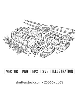 Delicious Grilled Steak Illustration with Cutlery and Herbs - Vector Art for Culinary Enthusiasts