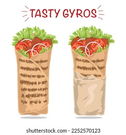 Deliciosos girosCocina griega tradicional y platos mediterráneos. Grecia nacional. ilustración vectorial de cocina. Ilustración del rollo de carne con letras