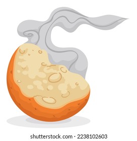 Delicious, half bitten and steamy fritter in cartoon style, isolated over white background.