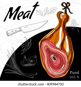 Delicious Ham meaty composition. Hand drawn vector illustration.