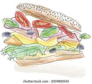 Delicious Ham, Salami, Cheese and Vegetables Sandwiches on Toasted Whole Grain Bread Isolated on white, vector illustration