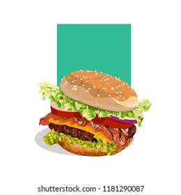 delicious hambuger include meatball, onion, tomato, cheese, bacon and lettuce
