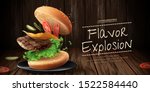 Delicious hamburger ads with flying ingredients on wooden background in 3d illustration