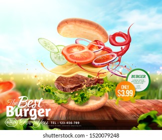 Delicious hamburger ads with flying ingredients on bokeh nature background in 3d illustration