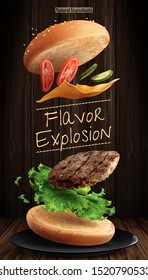 Delicious hamburger ads with flying ingredients on wooden background in 3d illustration