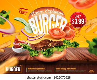 Delicious hamburger ads with ingredients flying in the air on yellow background in 3d illustration