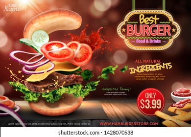 Delicious hamburger ads with ingredients flying in the air on bokeh glitter background in 3d illustration