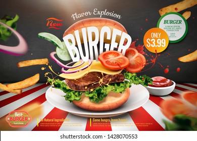 Delicious hamburger ads with ingredients flying in the air on chalkboard background in 3d illustration