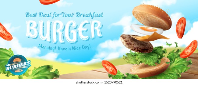 Delicious hamburger banner ads with flying ingredients on blue sky background in 3d illustration