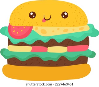 Delicious hamburger, bright funny kawaii, in cartoon style, delicious fast food, flat vector illustration, isolated on white.