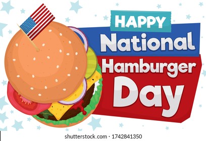 Delicious hamburger with cheese, tomato, onions, pickle, lettuce, sauces, patty and bread decorated with American flag over toothpick, ready to celebrate National Hamburger Day.