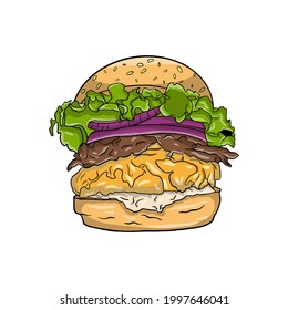 Delicious hamburger with cheese, vegetables, meat, onions and bread illustration