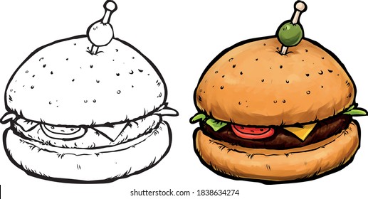 deliciosa hamburguesa en un ícono de pegatina al estilo del cómic