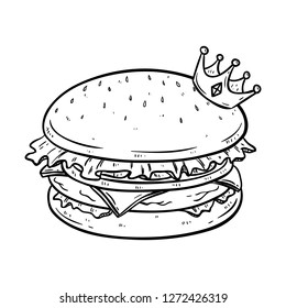 delicious hamburger with crown and using black and white hand drawn style