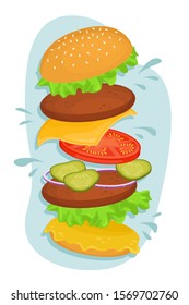 Delicious hamburger with cutlet. Vector illustration of fast food. Junk food.