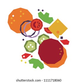 A delicious hamburger decomposed into ingredients elements of a food set: a cutlet, cheese, tomato, cucumber, salad greens, ketchup, bun.