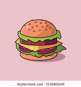 Delicious hamburger drawing vector art on a light pink background.