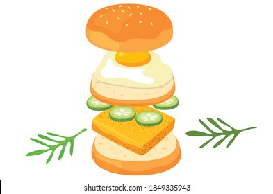 Delicious hamburger with flying ingredients vector illustration isolated on white background
