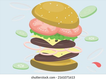 Delicious Hamburger and fresh ingredients illustration. vector bread burger illustration with meatloaf tomato vegetarian dish. Jumping Burger ads, delicious and attractive hamburger.