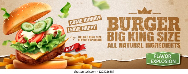 Delicious hamburger and fries banner ads on kraft paper background in 3d illustration