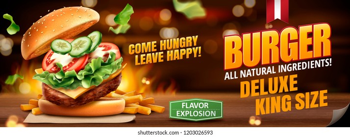 Delicious hamburger and fries banner ads on bokeh burning background in 3d illustration